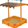 Gaspo Sandkasten Felix 100x100 cm mit Dachlift, Holz und farbigen Ecken.