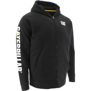 Schwarze Cat Kapuzenjacke mit Reißverschluss, Logo auf Brust und Ärmel.