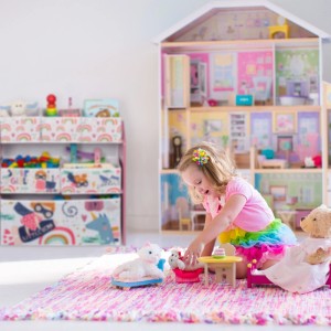 Relaxdays Kinderregal MDF Holz Stoff Bunt mit 6 Aufbewahrungsboxen 66 cm x 63 cm x 30 cm 5,1 kg