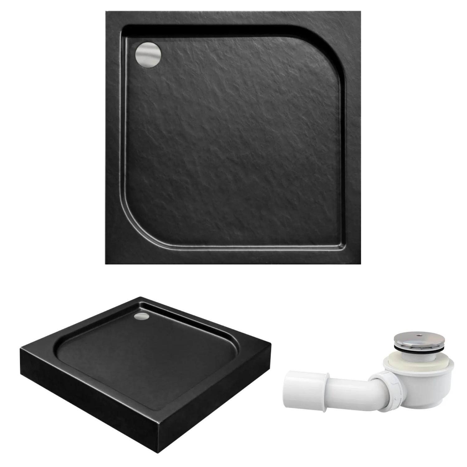 KOLMAN DUSCHWANNE Quadratisch Schwarz Steinoptik 90x90 cm Set mit Ablaufgarnitur und Füßen