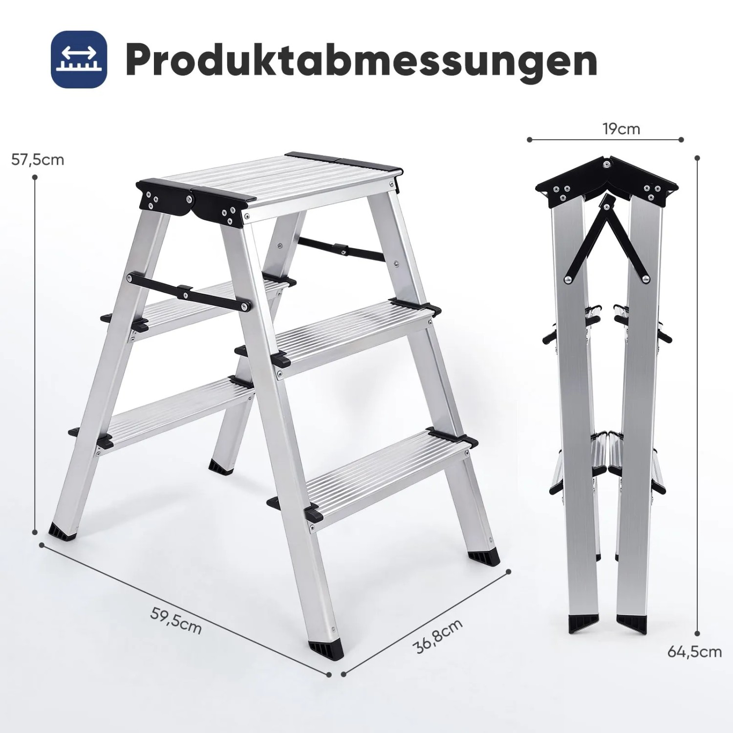 Silbergraue Alu Trittleiter mit 3 Stufen, ausgeklappt und zusammengeklappt, zeigt Produktabmessungen. Klappbare Haushaltsleiter.