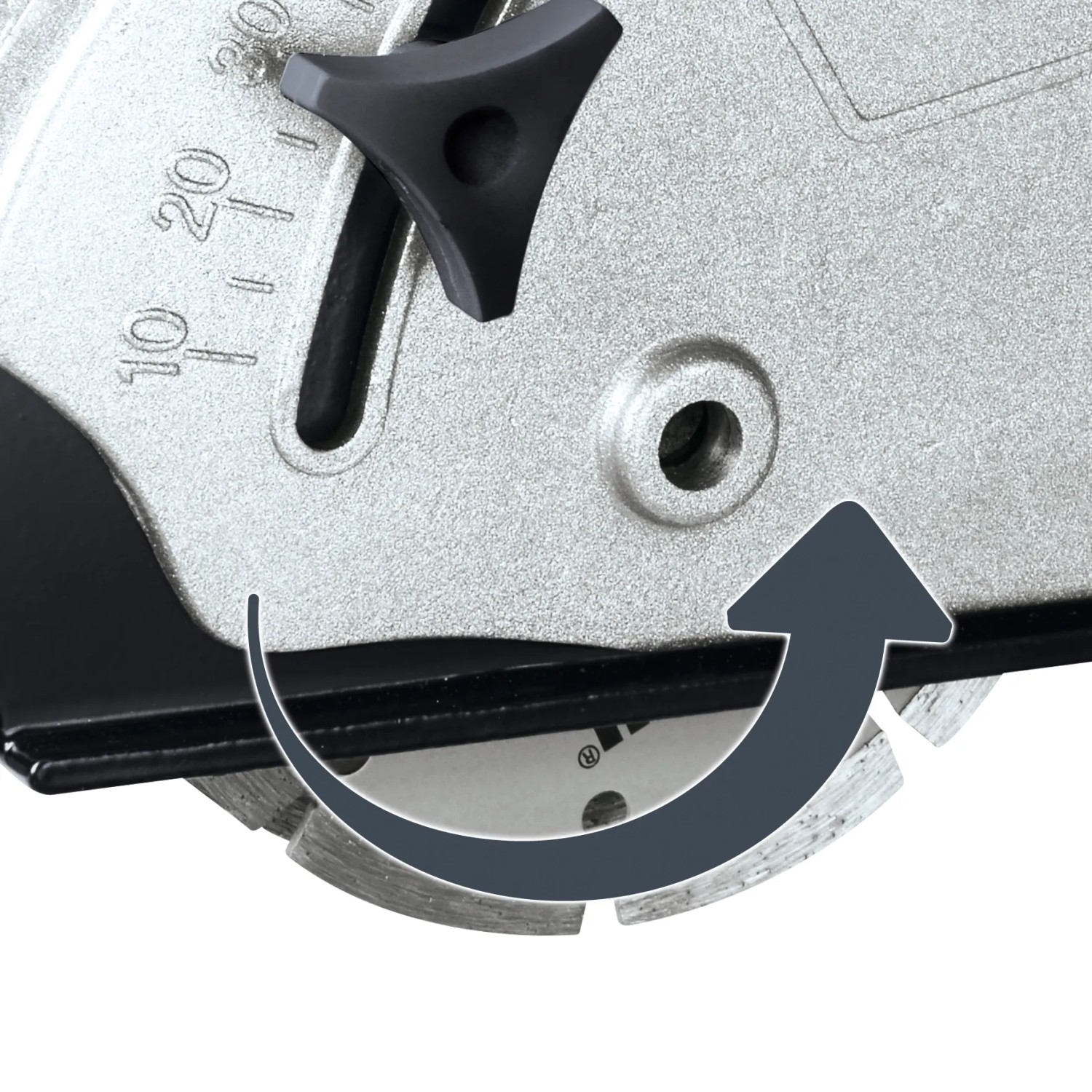 Detailaufnahme der Einhell Mauernutfräse TC-MA 1300 mit Diamant-Trennscheibe und Tiefeneinstellung.