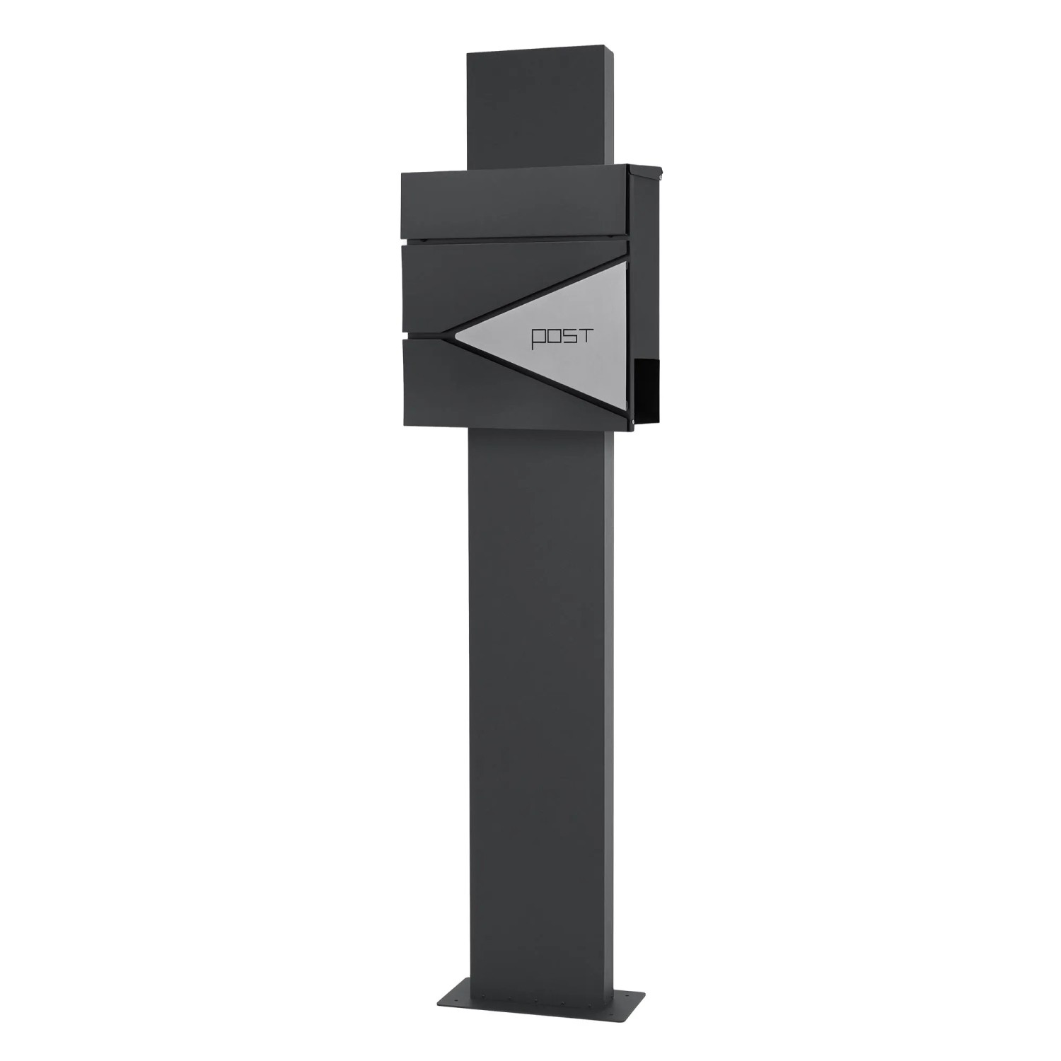 Moderner ML-Design Standbriefkasten in Anthrazit-Silber mit Zeitungsfach und anthrazitfarbenem Pfosten.