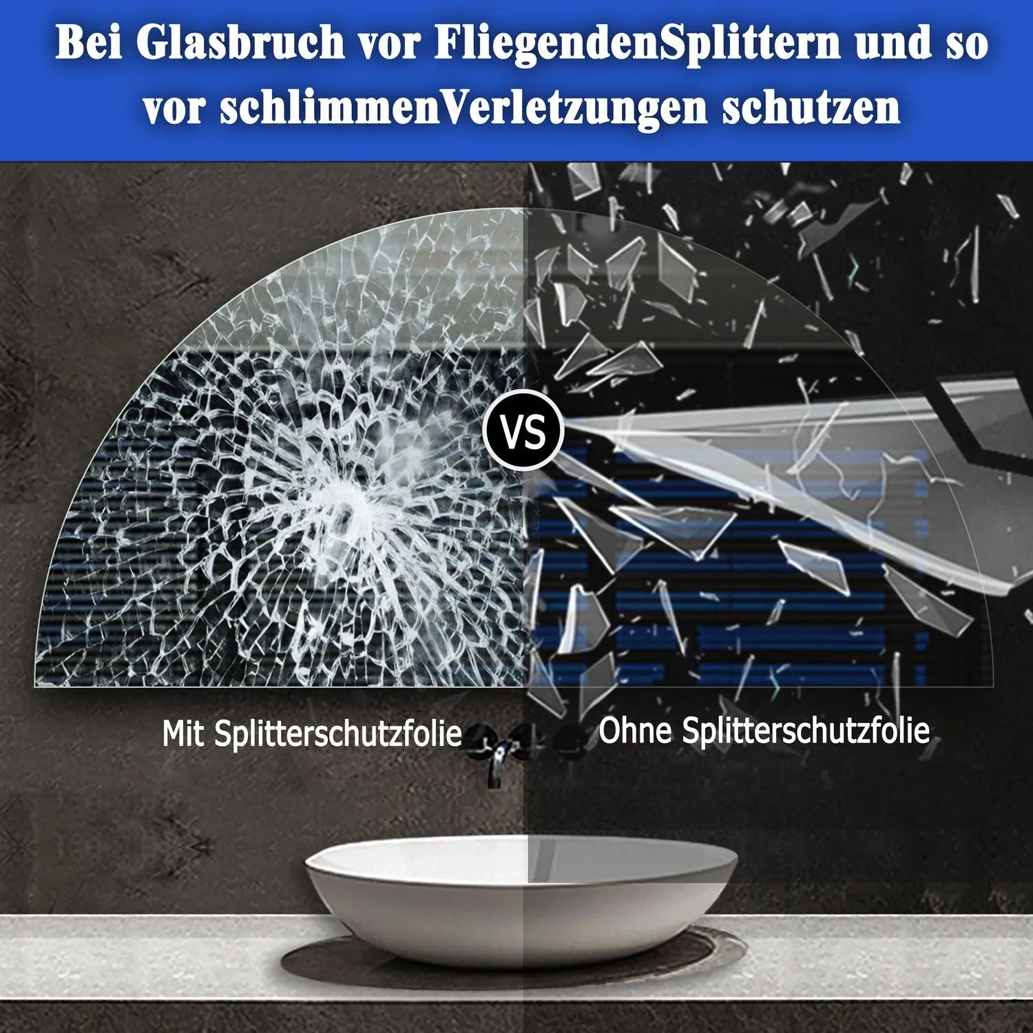Vergleich: Badspiegel mit/ohne Splitterschutzfolie. Sicherheit bei Glasbruch.