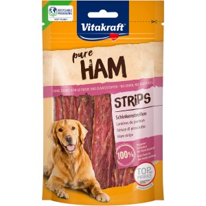 Vitakraft Pure Schinkenstreifen für Hunde, 80g Packung mit Hund und Kaustreifen.