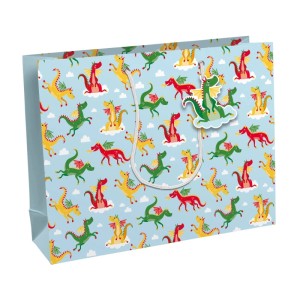 Clairefontaine Geschenktasche Shopper, blau mit bunten Drachen, Wolkenmuster und passendem Drachen-Anhänger.