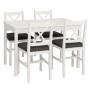 Weißes Esszimmer-Set aus Massivholz Kiefer im Landhausstil. Essgruppe mit Tisch und 4 Stühlen, schwarze Polster.