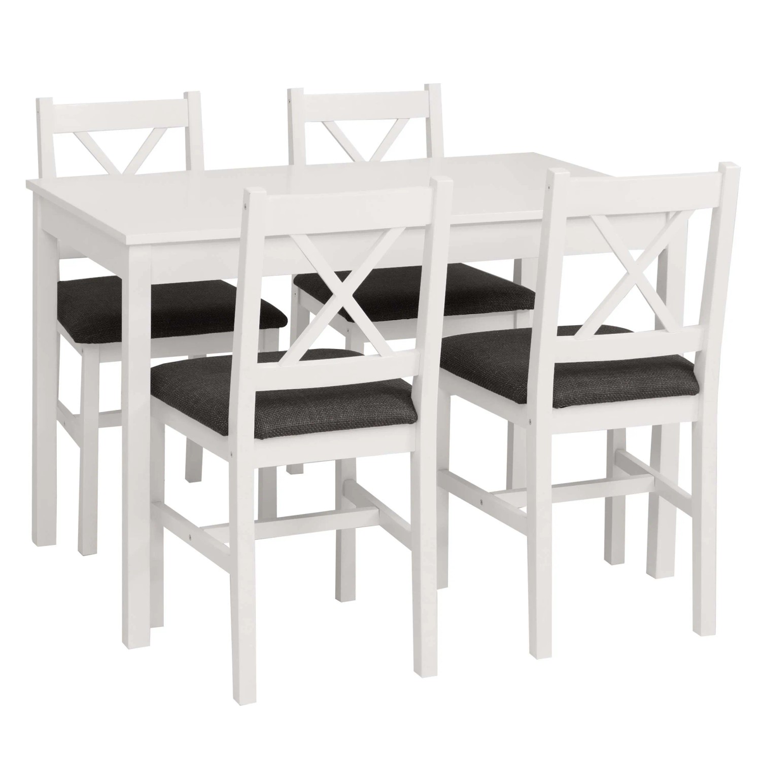 MCW Esszimmer-Set F77 Massiv-Holz Kiefer Stoff Landhaus 110cm Weiß Polster Schwarz