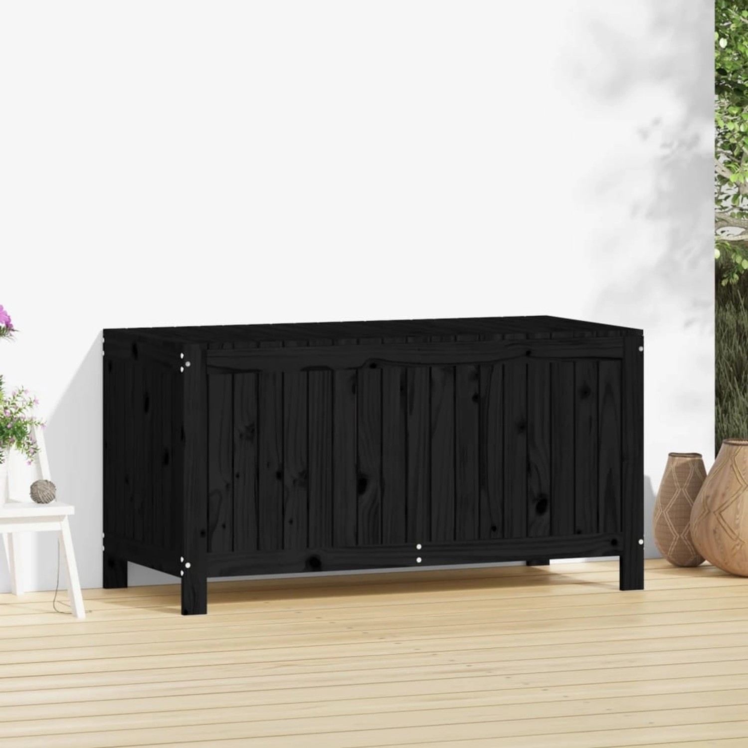 Schwarze vidaXL Gartentruhe aus Kiefernholz, 121x55x64 cm, zur Aufbewahrung von Gartenutensilien.