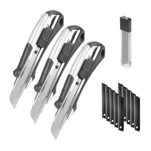 STAHLWERK Cuttermesser Set mit 3 Messern und 10 Ersatzklingen, 18mm Abbrechklingen.