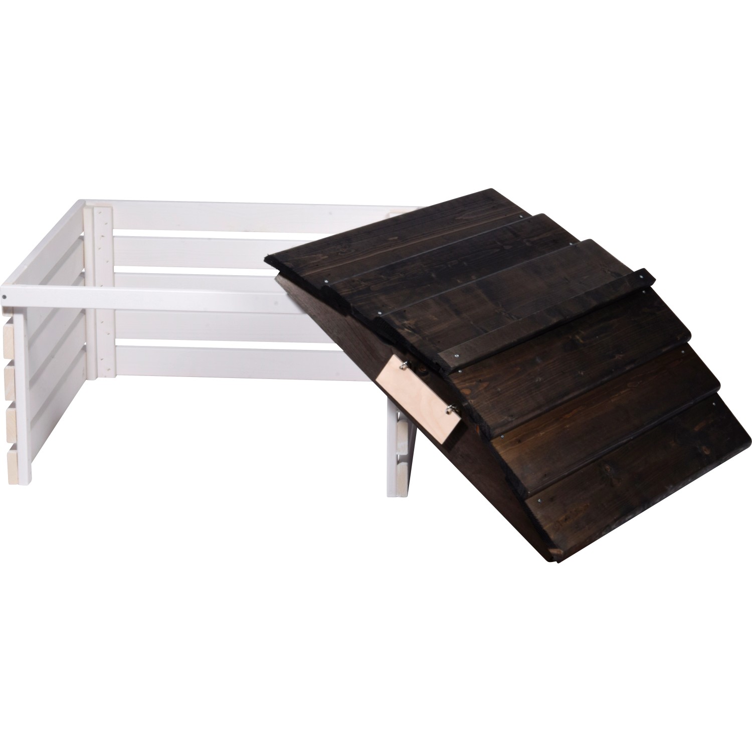 Dobar Mährobotergarage mit abnehmbarem Dach, weiß und schwarz, aus Holz.