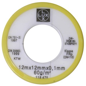 LUX Teflon-Dichtungsband, 10 m Rolle, gelber Rand, Zubehör für Kompressoren.