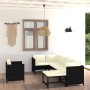 Schwarzes 7-tlg. Garten Lounge Set aus Rattan mit cremeweißen Kissen.