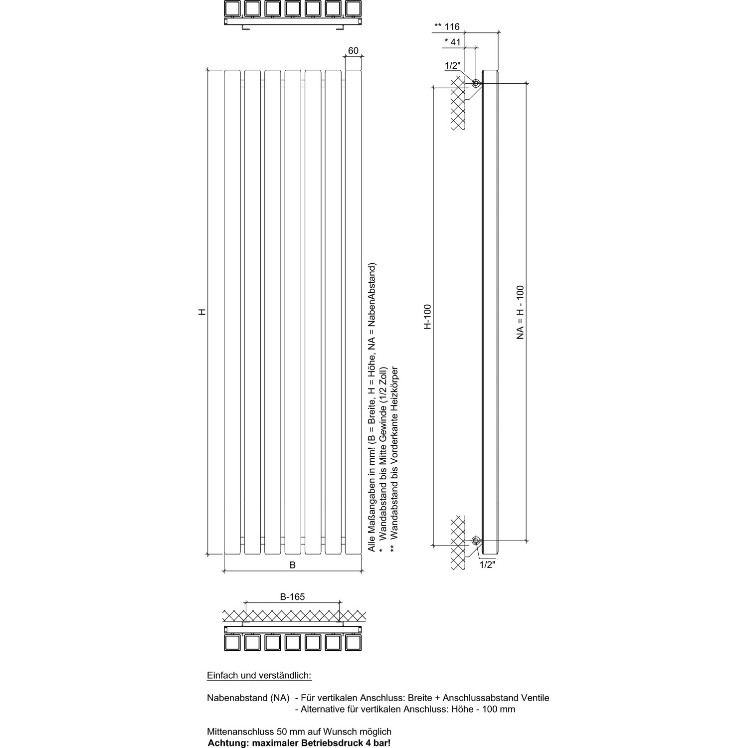Technische Zeichnung: Ximax Raumheizkörper Erupto Quadrat, 1800x585 mm, Maße und Anschlüsse.