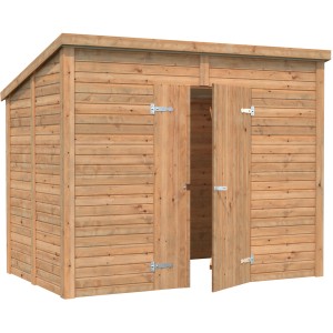 Braun lasiertes Palmako Leif Holz-Gartenhaus mit Pultdach und geöffneten Doppeltüren.