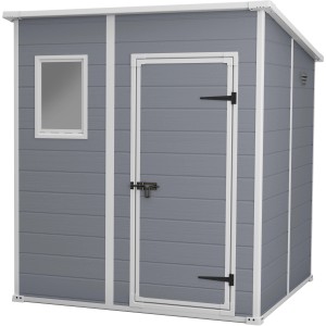 Keter Gerätehaus aus Kunststoff in Anthrazit mit Fenster und Tür. Ideal zur Gartenaufbewahrung.