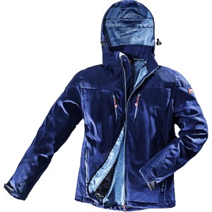 Marineblaue Bullstar Softshelljacke Worxtar Größe S für Arbeitskleidung mit Kapuze und Reißverschlusstaschen.