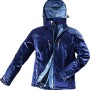 Marineblaue Bullstar Softshelljacke Worxtar Größe S für Arbeitskleidung mit Kapuze und Reißverschlusstaschen.