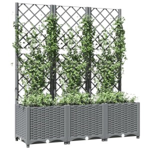 Hellgrauer vidaXL Pflanzkübel mit Rankgitter für Kletterpflanzen im Garten.