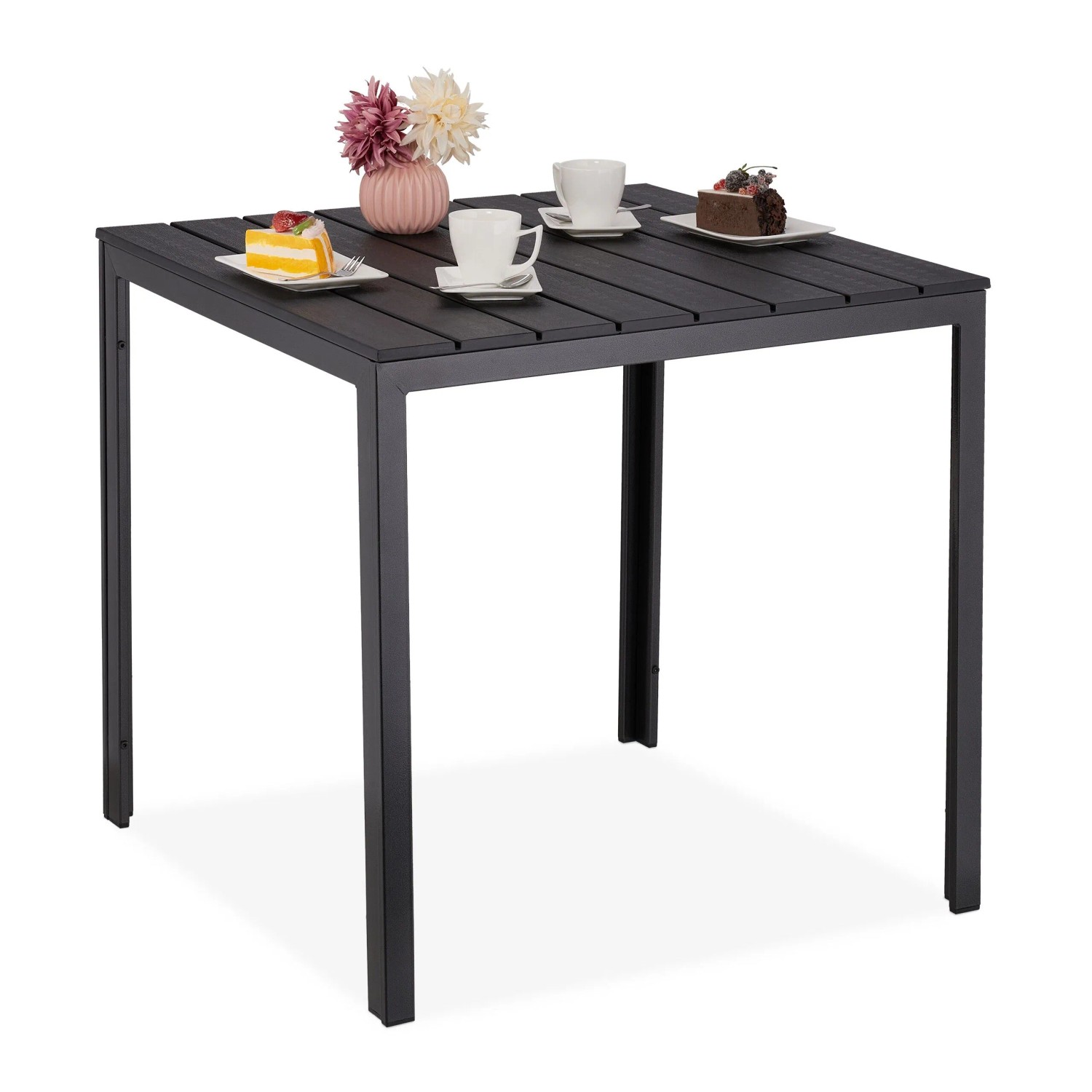 Relaxdays - Garden Table, Hxwxd, 74x78x78 Cm, Balcony Table Wood Look, Plastic, Steel, Patio Table Square, Black