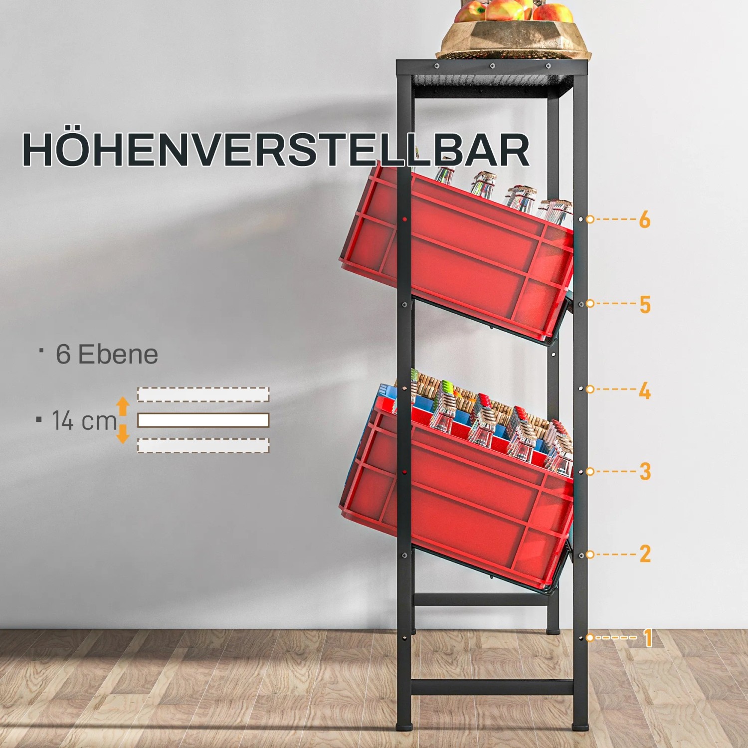 HOMCOM Getränkekistenregal, Stahl, schwarz, mit zwei roten Getränkekisten und einer Ablage oben.