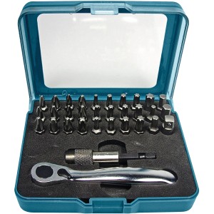 Makita Ratschen- und Bit-Set P-79790, 32-teilig im türkisen Koffer mit Ratsche und Bits.