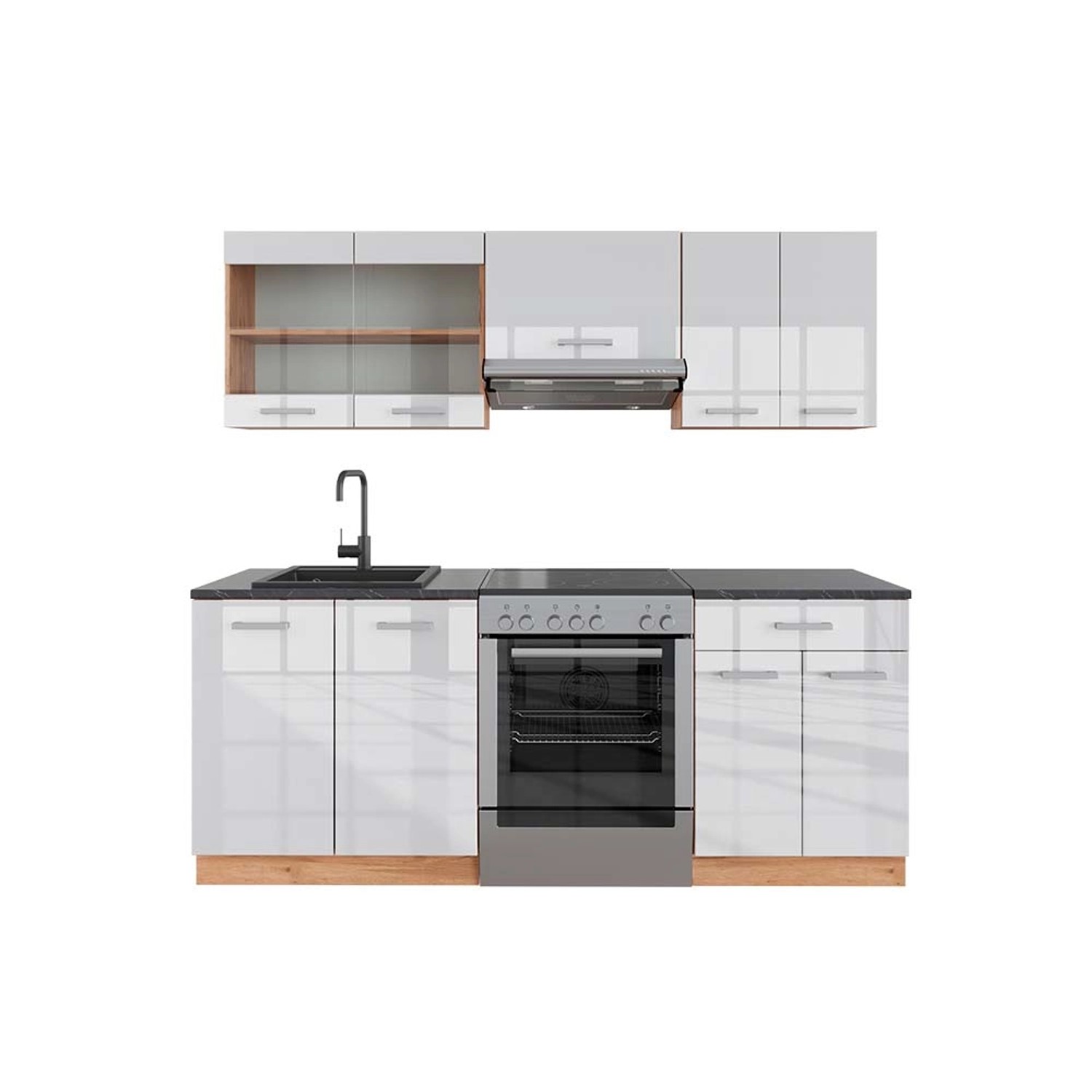 Vicco R-Line Küchenzeile Weiß Hochglanz/Goldkraft Eiche 200 cm AP Anthrazit günstig online kaufen