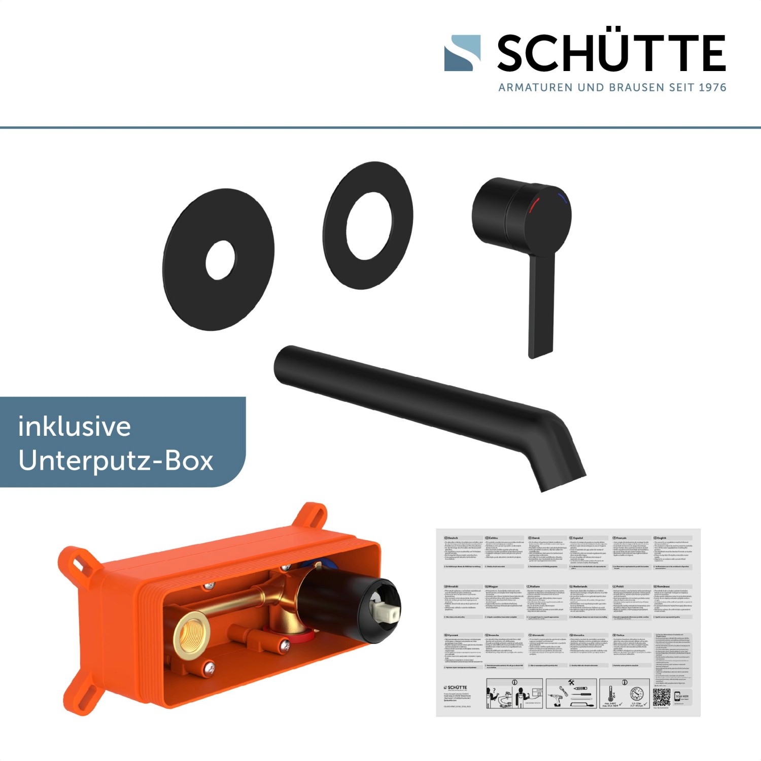 Schütte Waschtischarmatur Los Angeles, mattschwarz für Wandmontage mit Unterputz-Box.