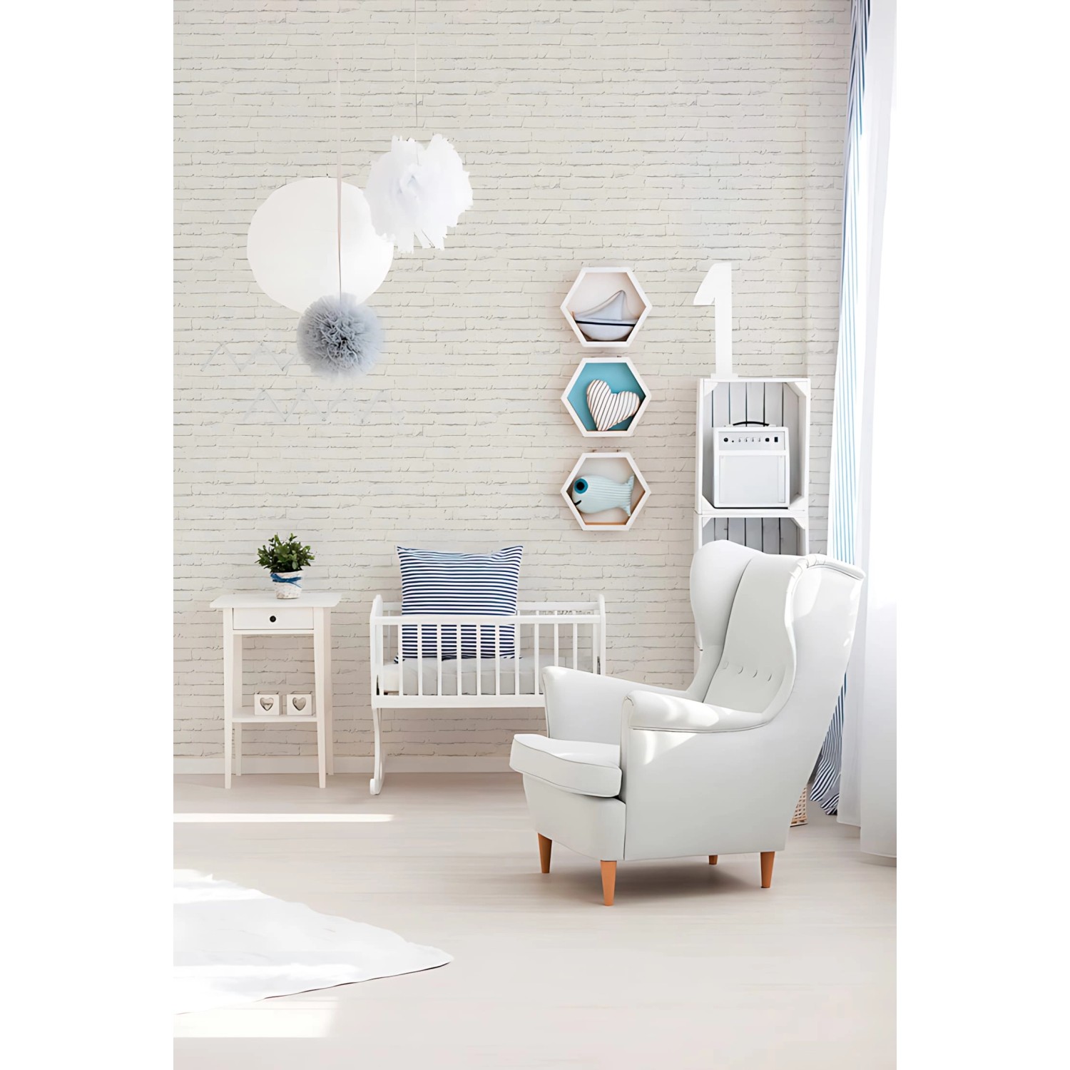 Grau-weiße Steinoptik Tapete PROFHOME im Kinderzimmer mit Möbeln.