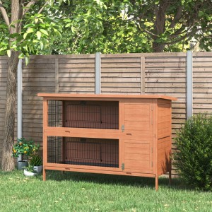 PawHut Kaninchenstall, doppelstöckig, Tannenholz orange, Metallgitter. Für Kleintiere im Garten.
