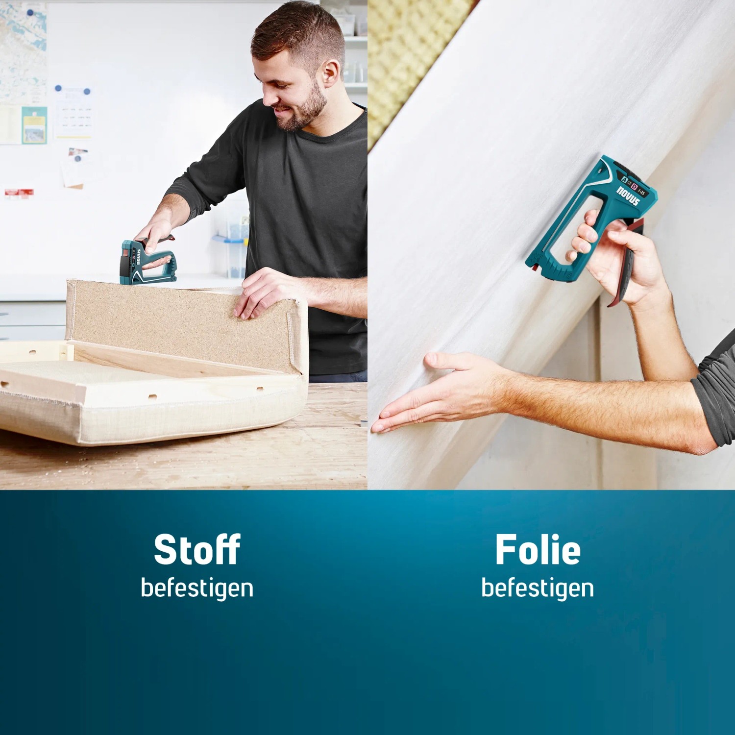 Novus Handtacker J-25 beim Befestigen von Stoff und Folie. Profi-Tacker für Heimwerker.