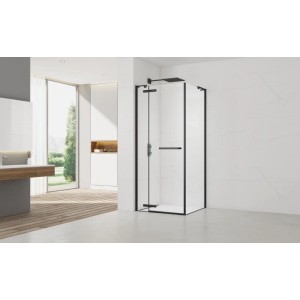 Moderne Eckdusche 90x90 cm mit Klarglas, schwarzen Profilen und Scharniertür für barrierefreien Einstieg.