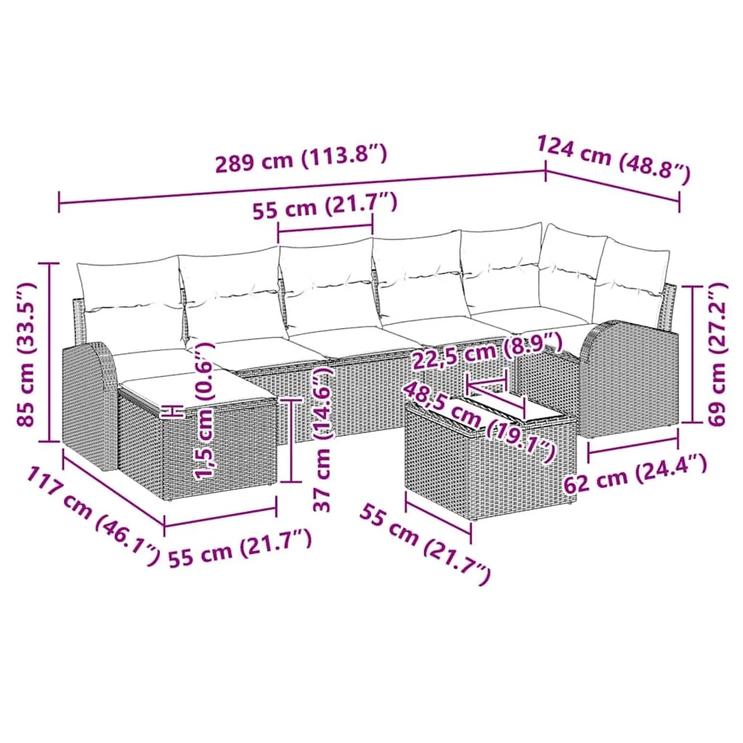 vidaXL Gartenmöbel-Set, 8-teilig, braunes Poly Rattan, mit Maßen und Details.