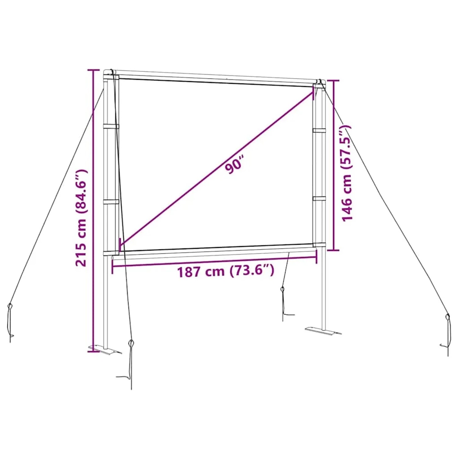 Weiße 90 Zoll Projektionsleinwand mit Ständern, 4:3 Format, Maße 187x146 cm, für Heimkino & Präsentationen.