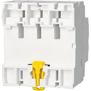 Schneider Electric Fehlerstromschutzschalter, 4-polig, 63A, weiß mit gelbem Schalter.