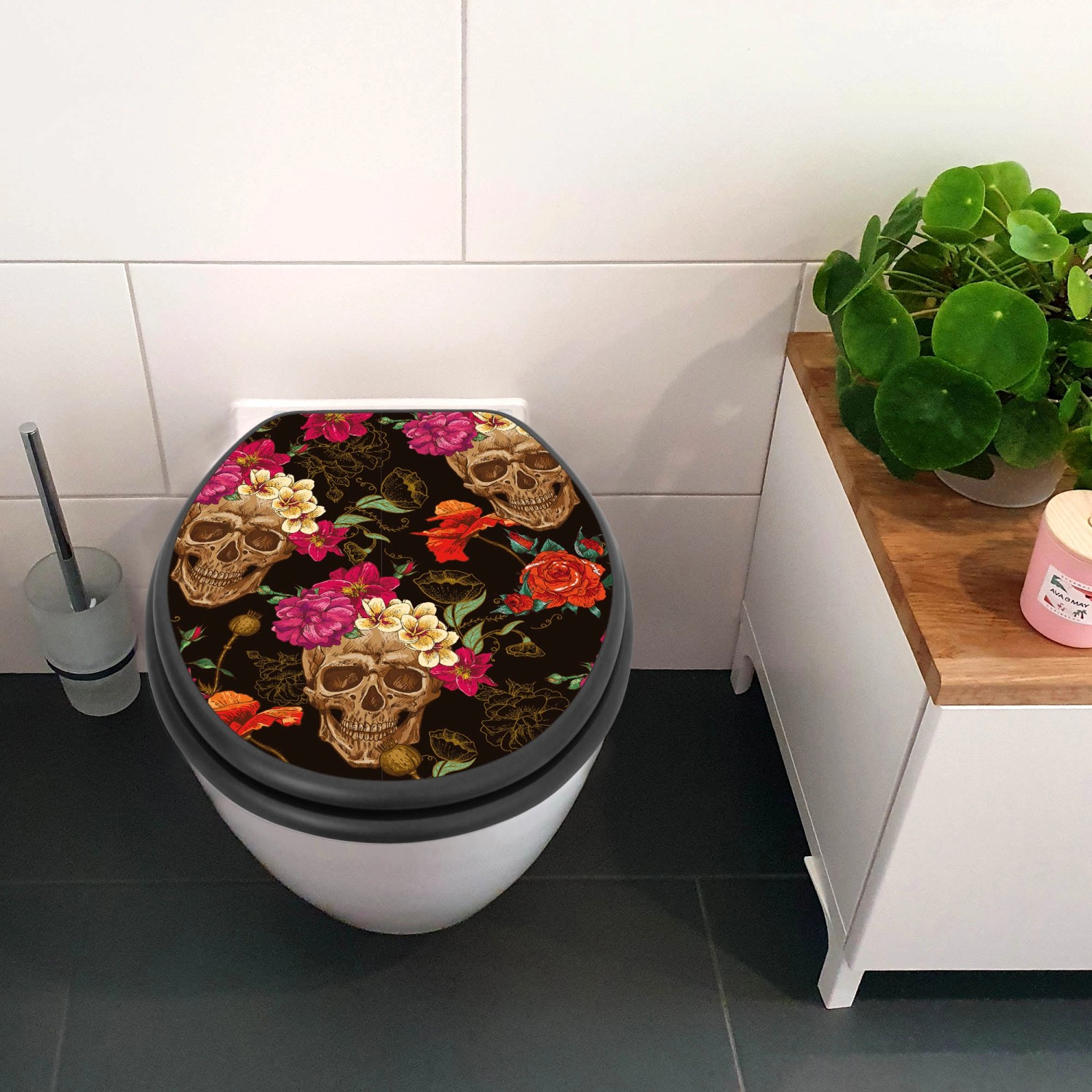 Banjado WC-Sitz Anthrazit mit Totenkopf- und Blumenmotiv Los Dias De Muertos.