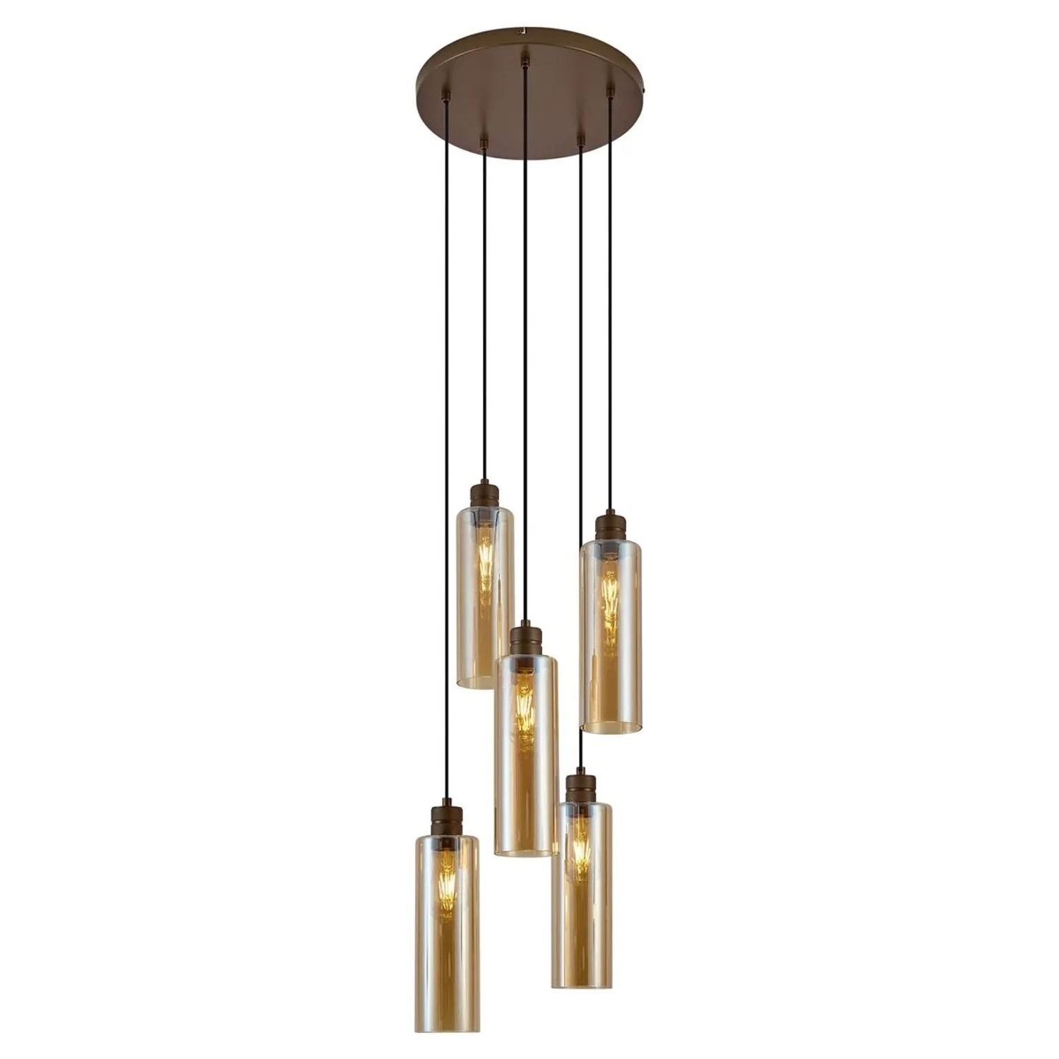 QAZQA Hotel Chic Hängelampe Dunkelbronze mit Bernsteinfarbenem Glas 5 Flammig Stavelot