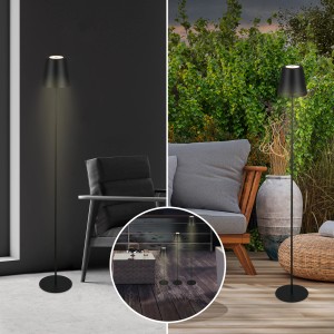 Schwarze, dimmbare Brilo Akku Stehleuchte Kiki, höhenverstellbar, für Innen- und Außenbereich.
