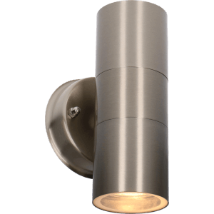 Moderne LED Außenwandleuchte aus Edelstahl, rund, 2-flammig für stilvolle Fassadenbeleuchtung.