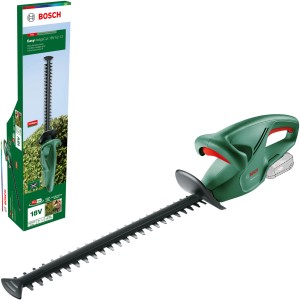 Bosch Akku-Heckenschere EasyHedgeCut 18V Solo, grüne Heckenschere mit langem Schneideblatt.