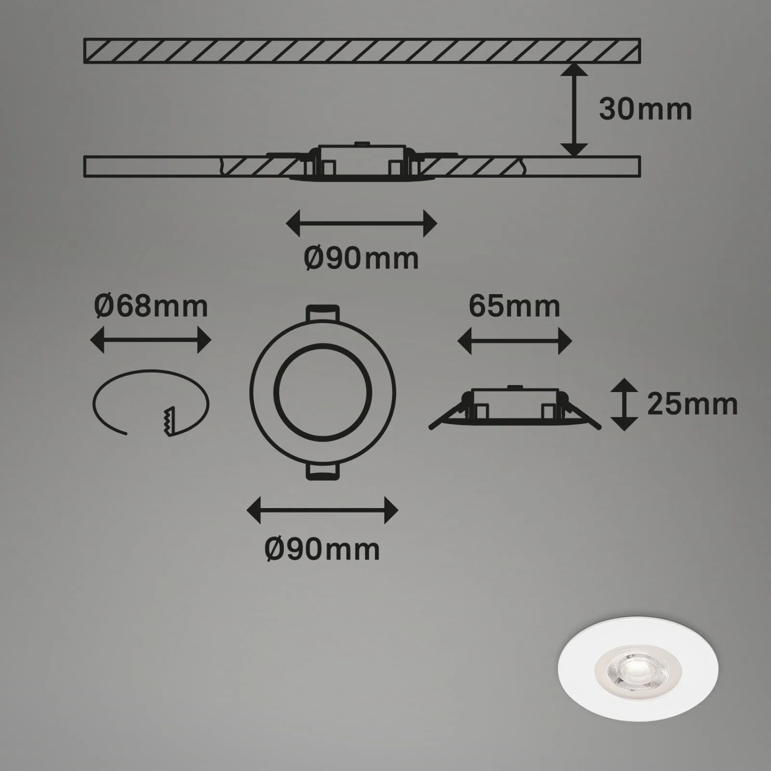 Skizze der Brilo LED-Einbauleuchte Kulana, dimmbar, 4er-Set, weiße Einbaustrahler mit Maßangaben.