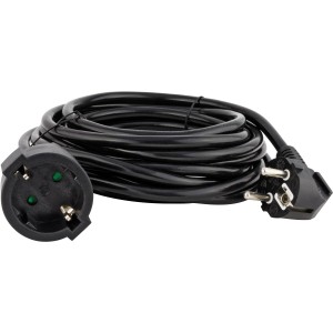 Schwarzes Schutzkontakt-Verlängerungskabel, 3 m, mit Stecker und Kupplung.