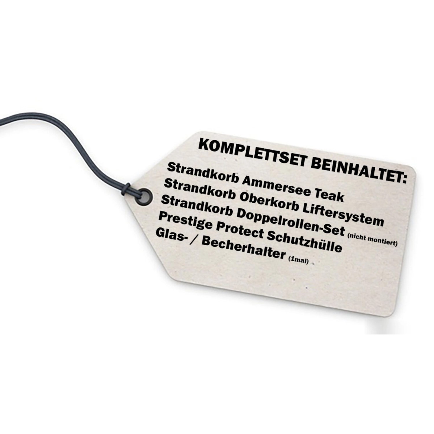 Etikett mit Inhaltsangabe zum Strandkorb Komplettset Ammersee Teak: Zubehör wie Schutzhülle und Rollen.