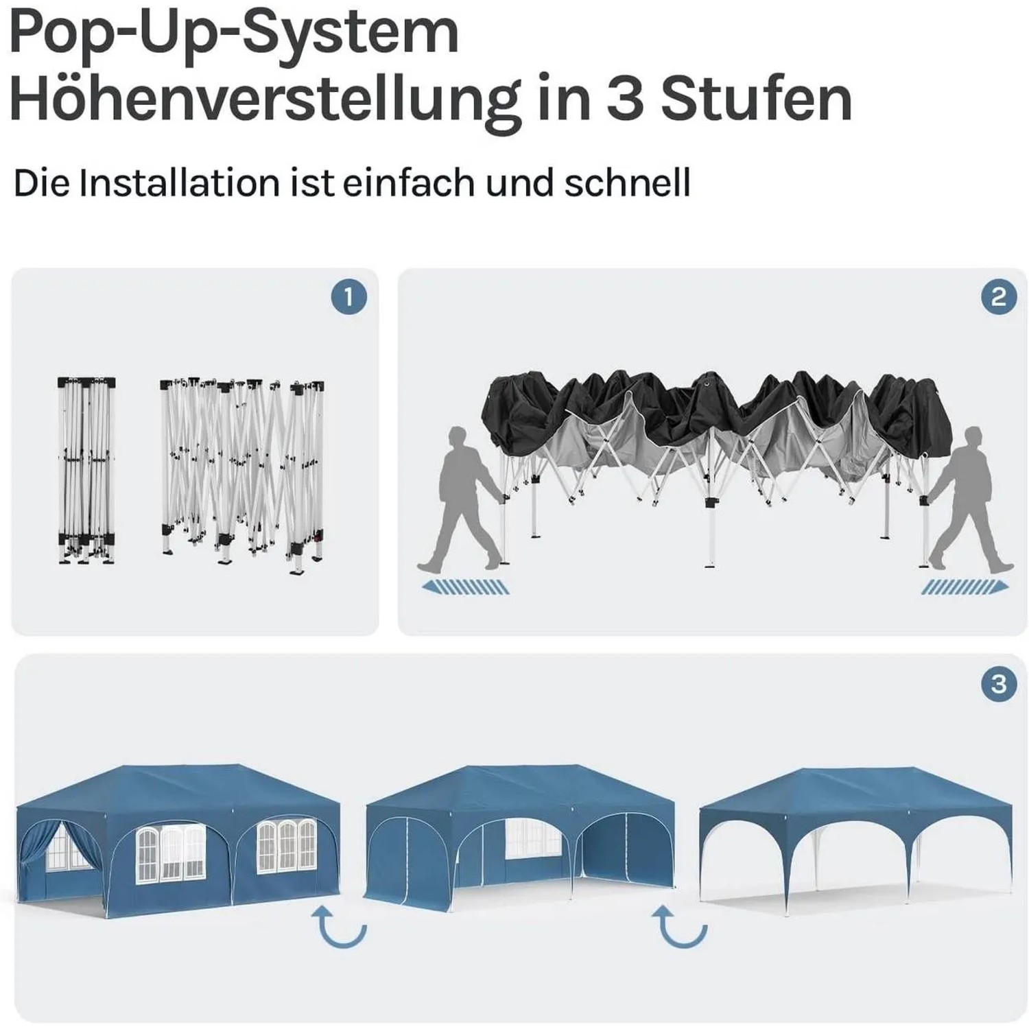 Aufbauanleitung: WOLTU Pavillon 3x6 m, blau, mit Höhenverstellung und UV-Schutz. Schritt-für-Schritt Anleitung.