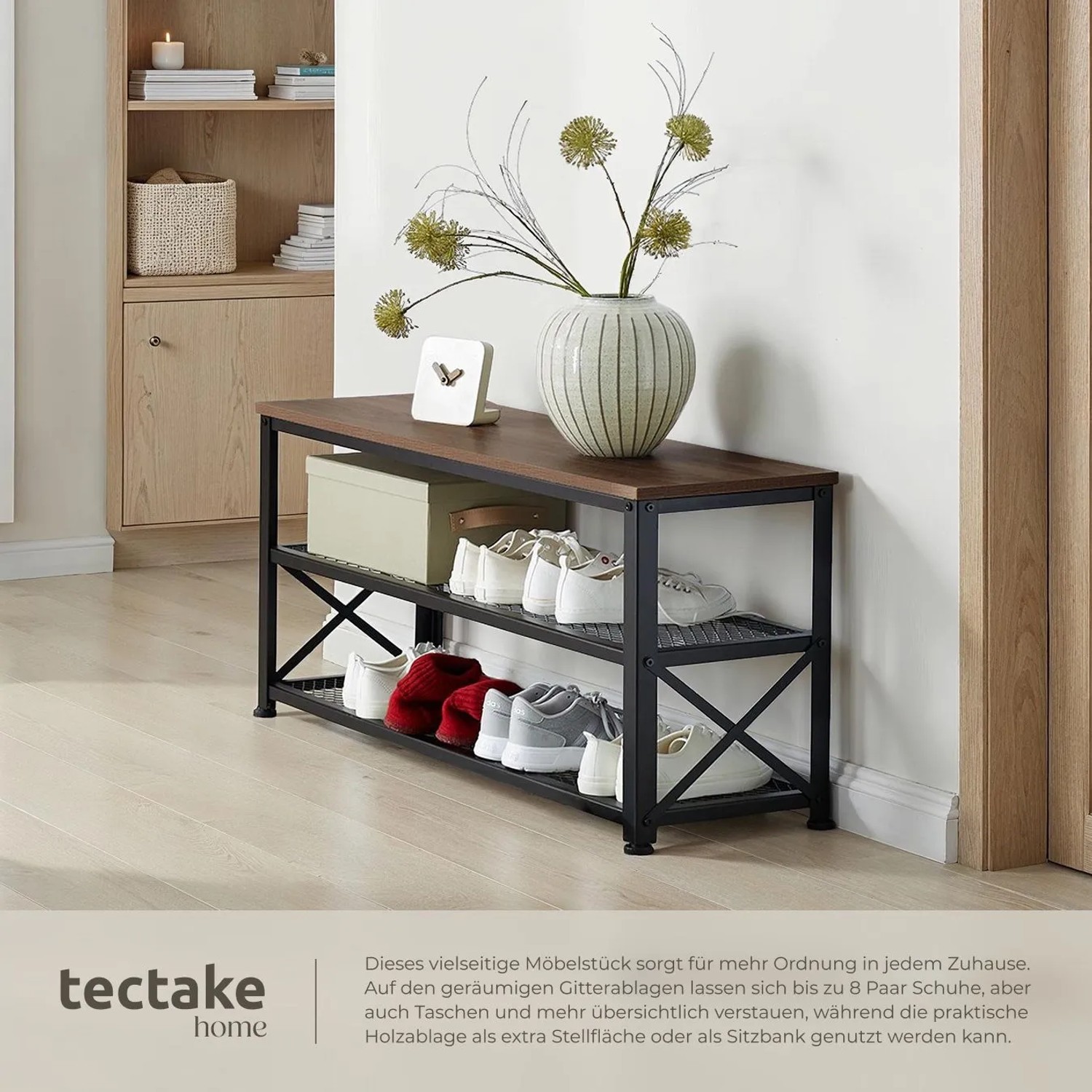 Tectake Schuhregal Industrial Style mit dunkler Holzplatte und schwarzem Stahlgestell, zwei Gitterablagen für Schuhe im Eingangsbereich.