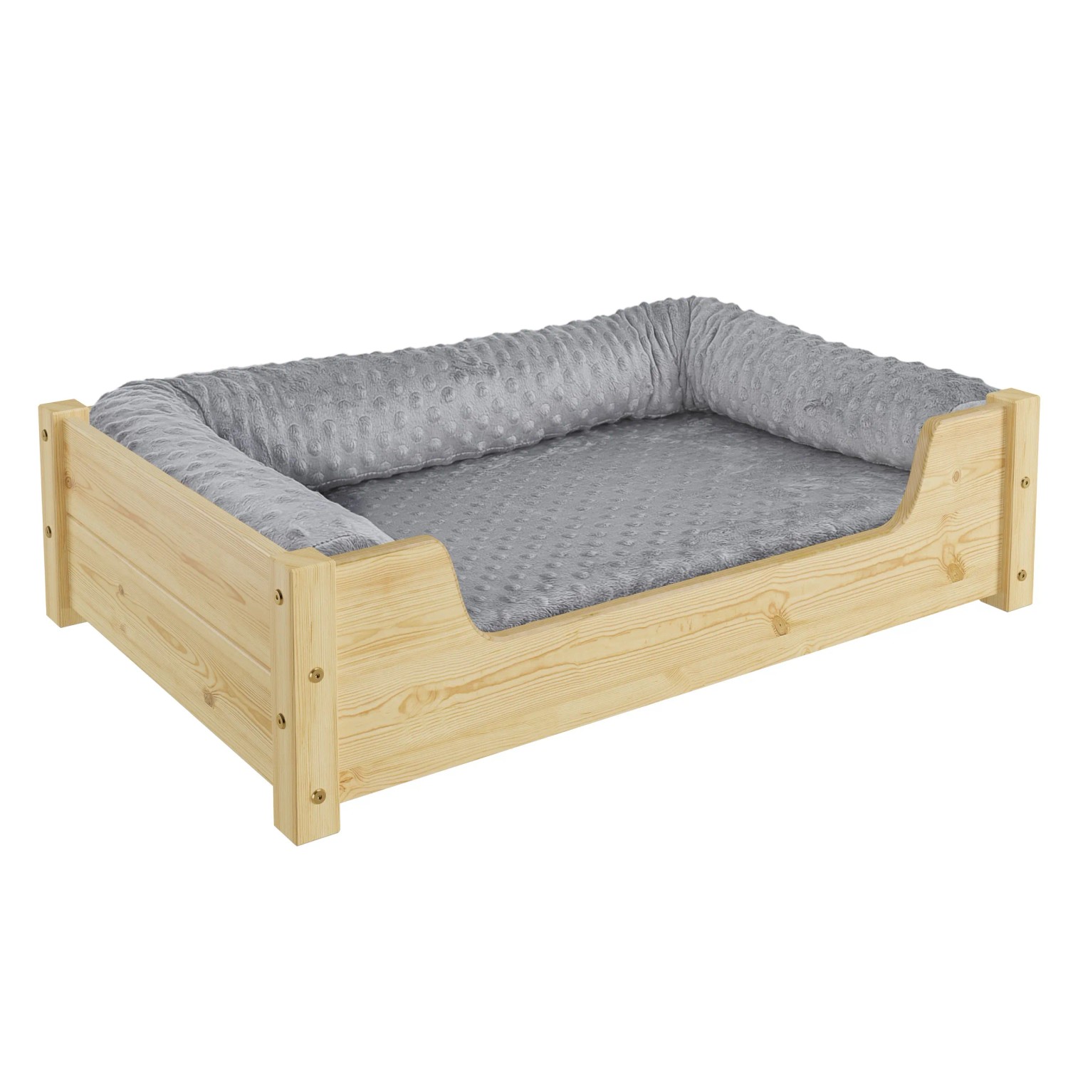 Kuscheliges Haustierbett aus Kiefernholz mit Rollrost und grauem Polster (80x50cm).