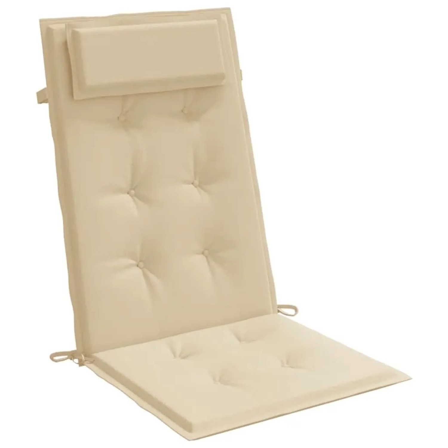 Beige Hochlehner-Auflage aus Oxford-Gewebe, gesteppt, mit Kopfpolster. Ideal als Gartenstuhlauflage.