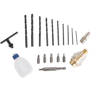 Scheppach Druckluftbohrer Set mit Bohrern, Bits, Bithalter, Schmiervorrichtung, Schlüssel und Öl-Fläschchen.
