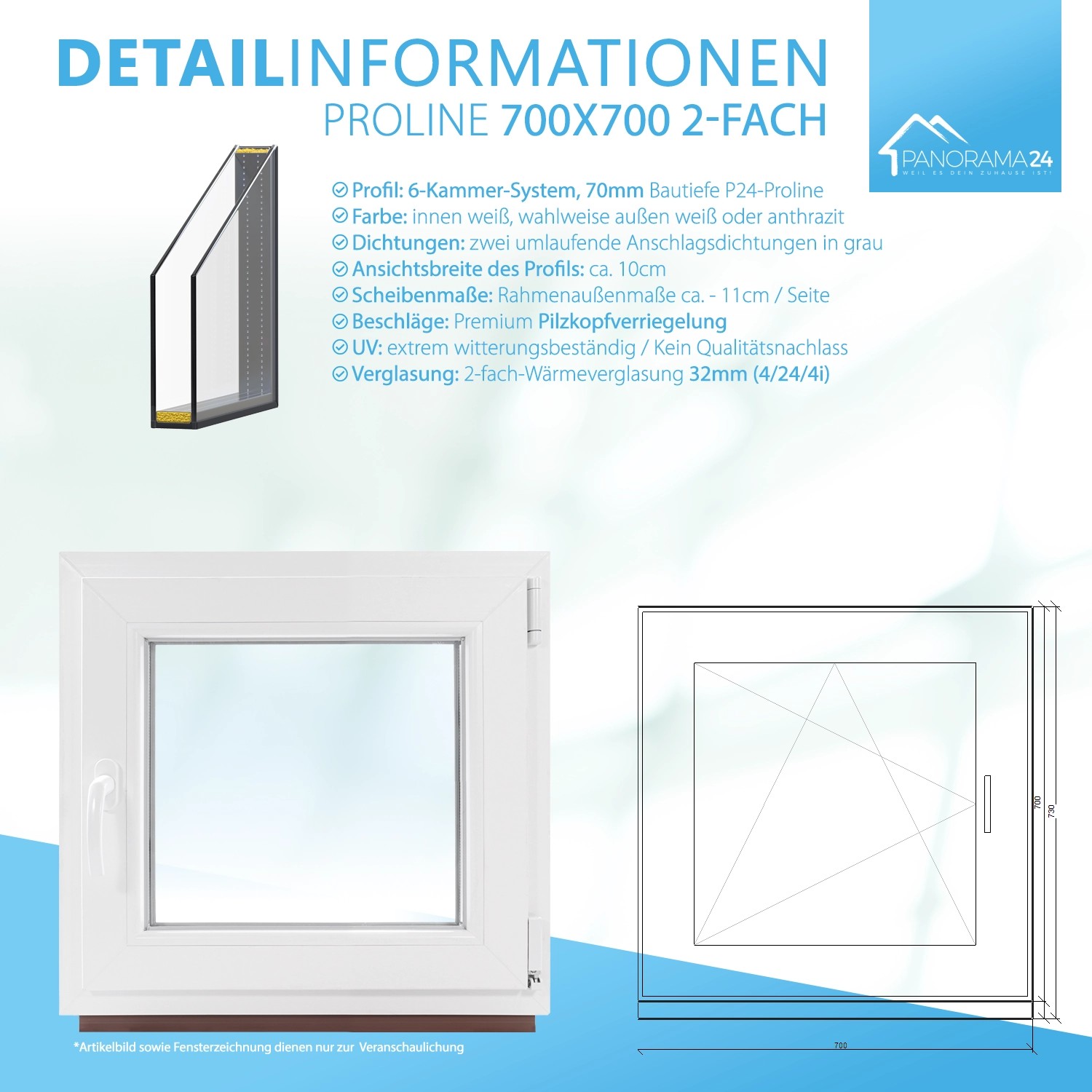Weißes Framelux Kunststofffenster Proline mit 2-fach Verglasung, 700x700 mm, Linksanschlag.