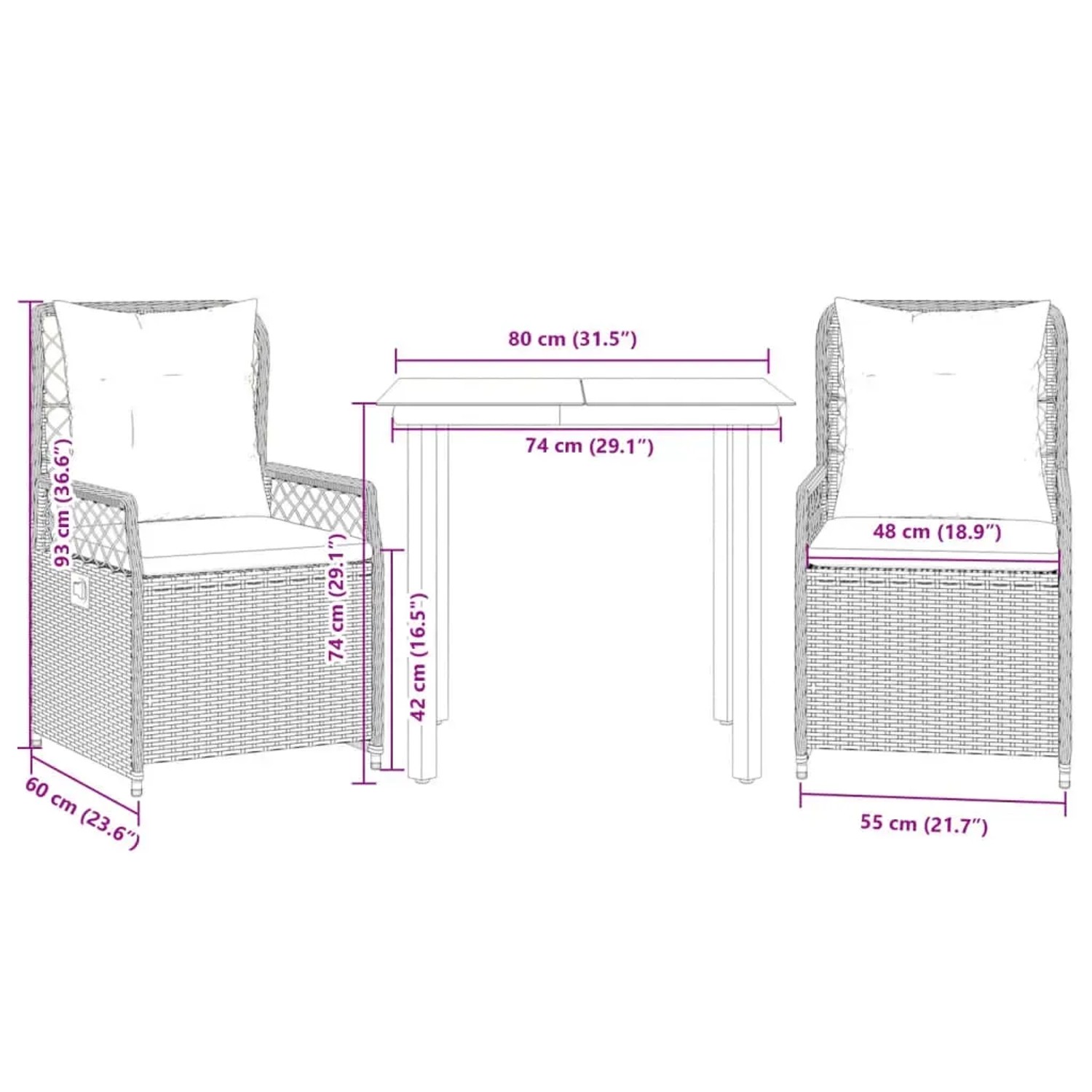 Hellgraue 3-tlg. vidaXL Garten-Essgruppe aus Polyrattan mit Tisch und Stühlen.